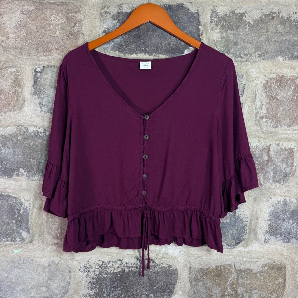 Patrons of Peace Women's Plum Purple Ruffle Sleeve Button Front Crop Blouse L